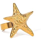 IQIC Starfish Ring for Women Gold Vintage Beach Statement Ring Unique Adjustable Spiral Ocean Seashell Rings Open Wrap Finger Rings Chic Holiday Summer Party Beachy Jewelry