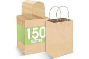 Pureegg Brown Paper Bags - 150 Pack, 5.25×3.25×8 inch, Small Gift Bags Bulk with Handles, Kraft Bags, Small Size Paper Bags with Handles for Small Business, Party Supplies, Christmas