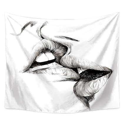 Qcwn Woman Men Kissing Tapestry Abstract Sketch Art Kiss Lovers Wall Hanging Tapestry For Bedroom Living Room Dorm Black White 78x59inc