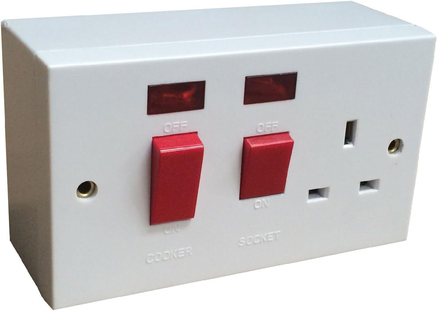 White Double Cooker Switch Socket Unit Pattress Box 45 Amp Double Pole Neon Discount Electric