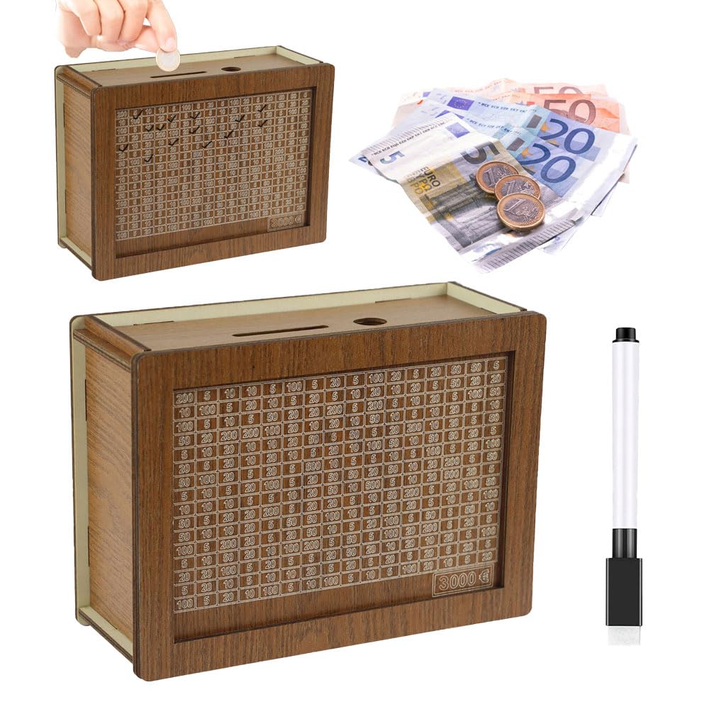 Wooden Money Box With Counter, Piggy Bank Wood Reusable Wooden Money Jar, Money Saving Box With Erasable Pen Money Saving Bank Help Budget Boxes For Adults (3000)