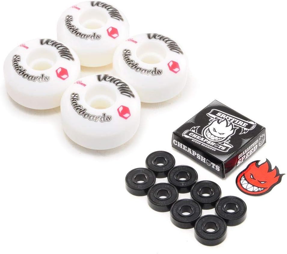 Venom Skateboards Logo White Skateboard Wheels & Spitfire Bearings Pack