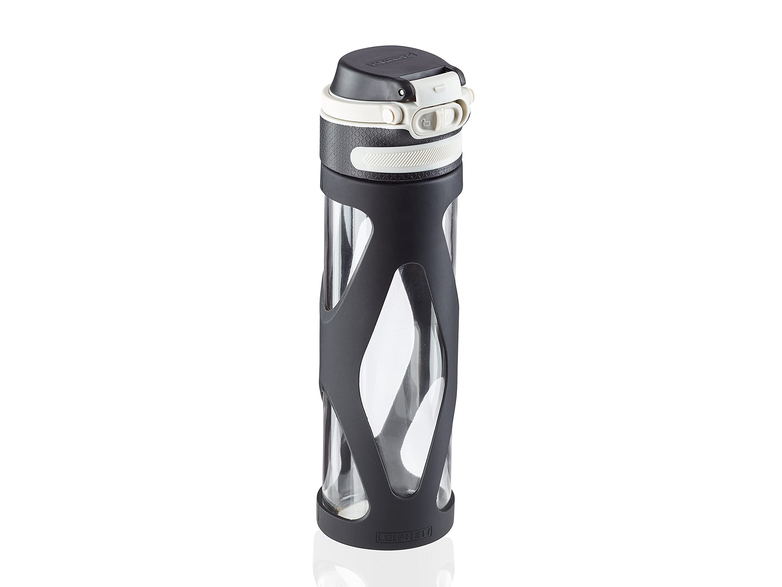 Leifheit Flip Glass Bottle 600 ml, 100% Leak-Proof Sports Bottle, Convenient One Hand Opening, Drinking Bottle with Filter for Fruit Infuser, Sustainable Water Bottle, BPA-, Shockproof, Black