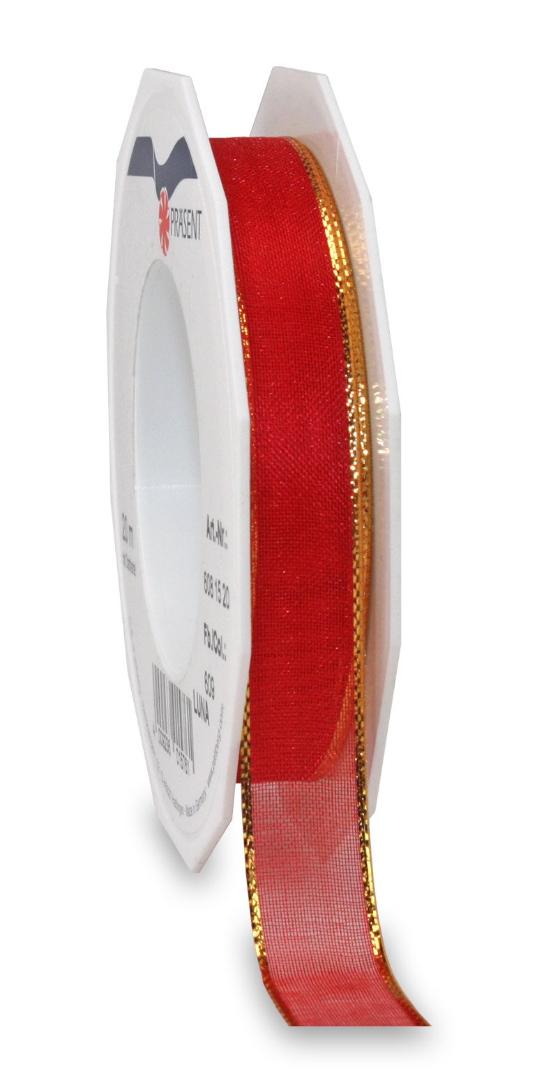 Präsent - Luna Organza wired edge Ribbon Red 20-m-Roll 15 mm width — image 1