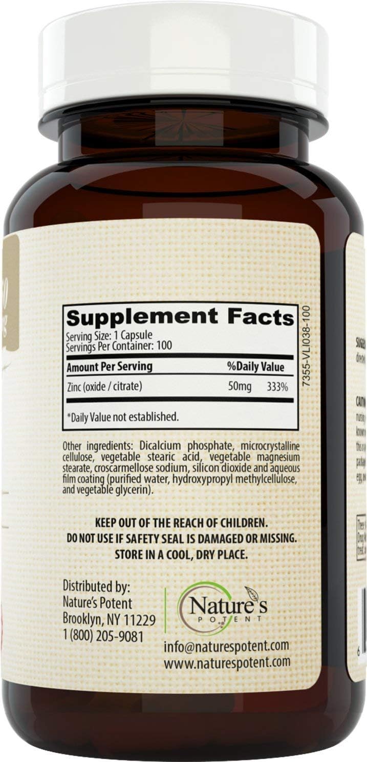 Zinc 50mg [High Potency] Supplement - Immune Support System from Natural Zinc (Oxide/Citrate) 100 Tablets, Made by Nature’s Potent.: Health & Personal Care