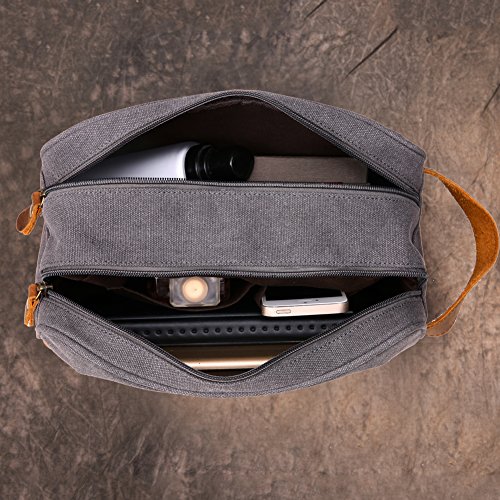 Kemy's Mens Toiletry Bag Leather Canvas Toiletries Travel Bag Grooming Shaving Bags for Men Dopp Dob Dobb Kits Toilet Hygiene Bathroom Bag Double Compartment for Traveling Waterproof Easter Gift Black
