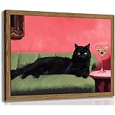 Cute Black Cat With Martini Wall Art Funny Animal Wall Decor Quirky Whimsical Cocktail Bar Cart Canvas Painting Poster Prints Pet Lover Picture Aesthetics for Bedroom Living Room Framed 12x16 inch