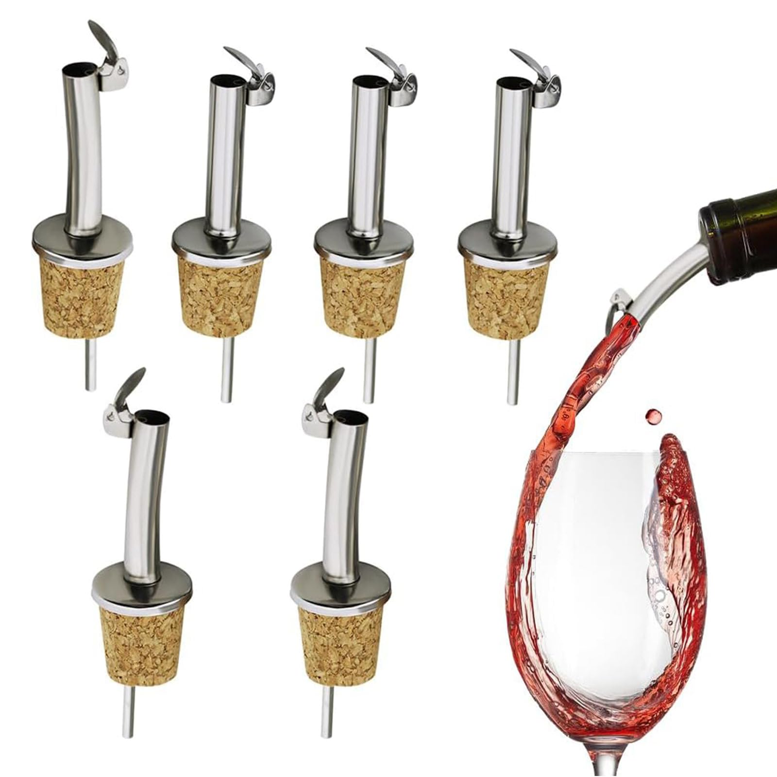 Set of 6 Stainless Steel Cork Olive Oil Pourers with Hinged Flip Top Cap – Perfect Drizzlers for Olive Oil, Vinegar, Wine, Liquor, Coffee, and Syrups,Olive Oil Bottle drizzler