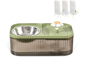 JEERAMIA Cat Water Fountain and Food Bowl, 3L/101oz Ultra Quiet Pet Water Dispenser with Smart Pump and 3 Replacement Filters, Automatic Flower Fountain & Stainless Steel Bowl (Black & Green)