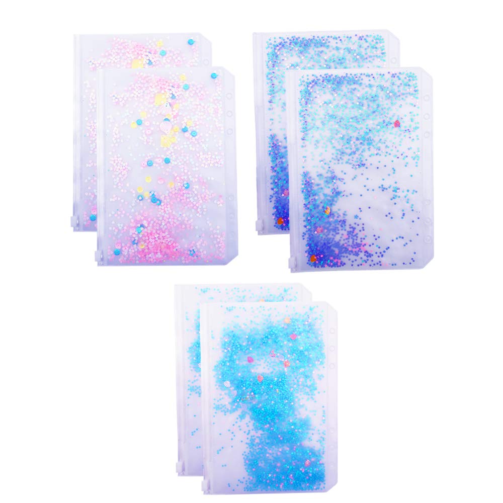 Chris.W 6PCS A5 6 Holes Binder Pockets Plastic Zipper Envelopes Pouch for A5 6-Ring Binder Notebook, Built-in Glitter Flakes Stars Decoration(Pink/Blue/Purple)