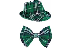 ANIUHL St. Patrick's Day Plaid Fabric Fedora Hat and Bow Tie Set, Green Irish Cap Party Cosplay Costumes Accessory for Women Men