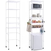 5 Tier Over The Fridge Shelf for Dorm Wheels 8 Hooks and 5 PVC Pads White | 90.5 Tall Over Fridge Storage Adjustable Height Storage Shelf Liners Anti Tip Kits for Dorm Kitchen Laundry College Pantry