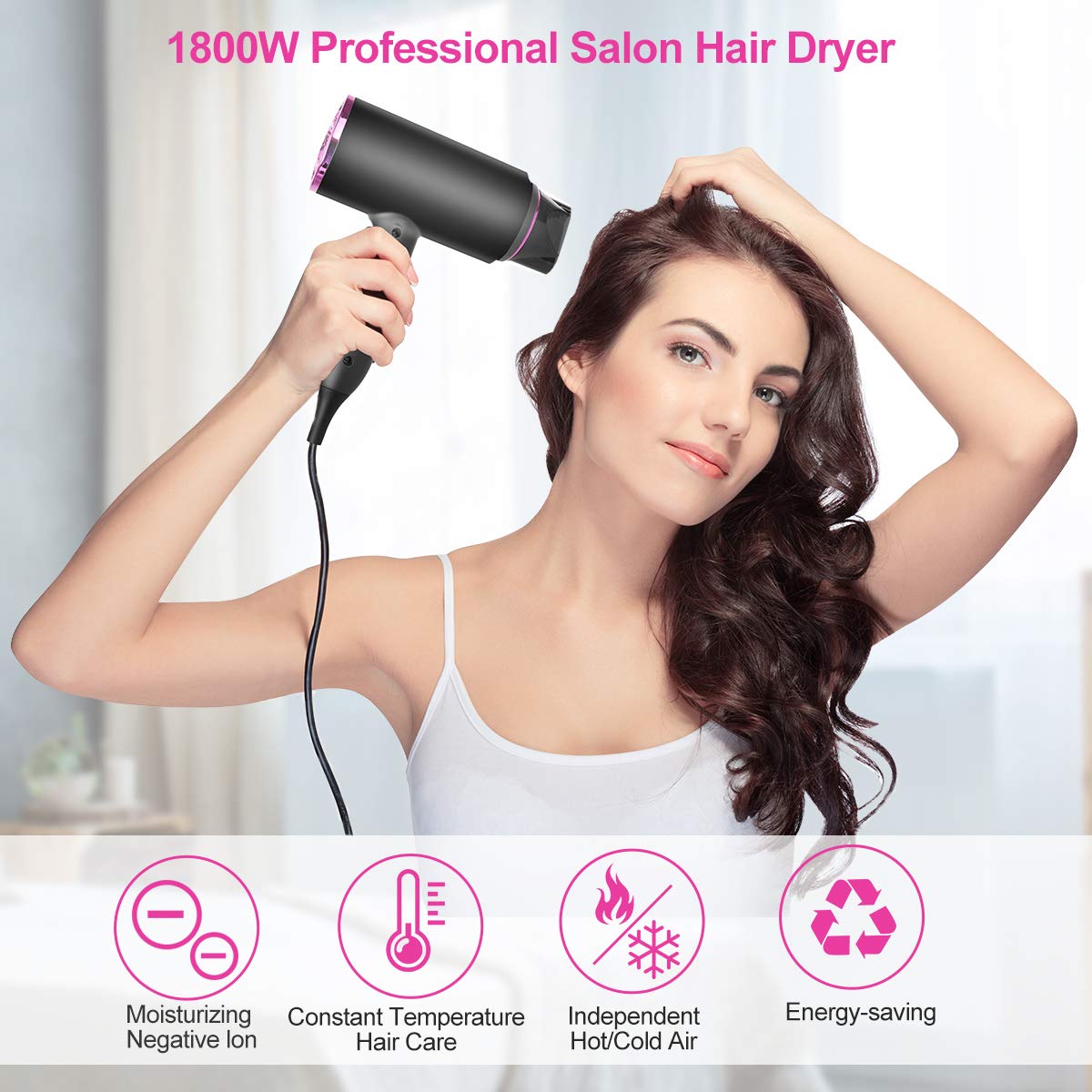 Ionic Hair Dryer, Nozama 1800W Professional Hair Blow Dryers with 3 Heat Settings, 2 Speed, 3 Cool Settings,2 Concentrator Nozzles, Fast Drying Blow Dryer for Home, Travel, Salon and Hotel: Beauty