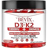 BEVIX Vitamin D3 K2 Gummies 5000IU / 10,000 IU with 500mg Calcium + K2(MK-7) 200mcg, Magnesium, Vitamin A & B12 & Zinc, Extra Strength Supports Bone& Immune Health - 90 Gummies
