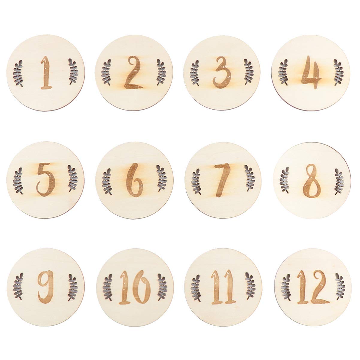 Toddmomy 12pcs Wooden Monthly Cards Newborn Baby Sets Baby First Year Growth Photography (Leaves Numbers)
