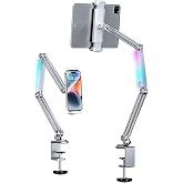 WYYHAA Tablet Stand Holder with Adjustable LED Light, Multi-Angle Adjustable Foldable Design Phone Long-Arm Mount, Desktop Aluminum Alloy Bracket Compatible with 4"-12.9" Devices