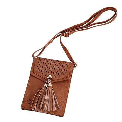 Leoie Women Retro Hollow Design Mini PU Casual Satchel for Coin Phone Storage Dark Apricot