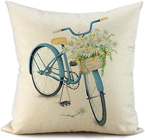 FIBEROMANCE Blue Bicycle Decorative Throw Pillow Cover Spring Flowers Decorations Cushion Case for Home Decor Cotton Linen Pillowcase Square 18 x 18 Inch