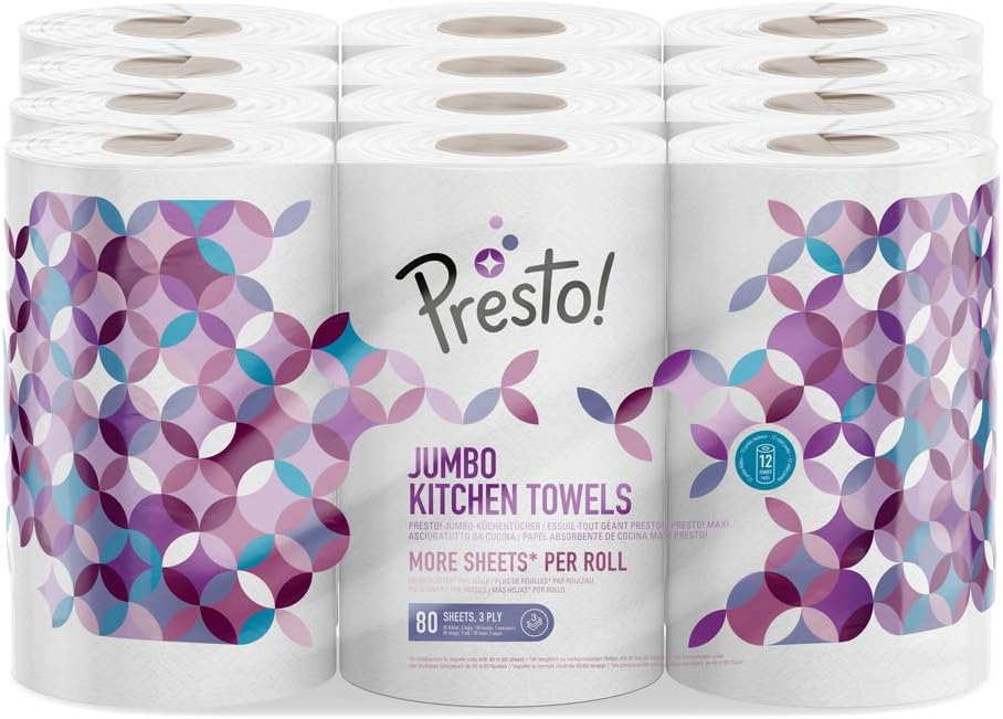 Amazon Brand Presto! Jumbo Kitchen Rolls, 12 Pack (12 x 80 3ply