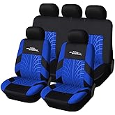 AUTOYOUTH Blue Car Seat Covers Full Set, 3D Tyre Embossed Front Bucket & Split Rear Bench Covers, Airbag Compatible, Quick Setup Universal Fit for Car, SUV, Seat Protectors (9pcs)