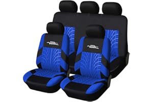 AUTOYOUTH Blue Car Seat Covers Full Set, 3D Tyre Embossed Front Bucket & Split Rear Bench Covers, Airbag Compatible, Quick Setup Universal Fit for Car, SUV, Seat Protectors (9pcs)