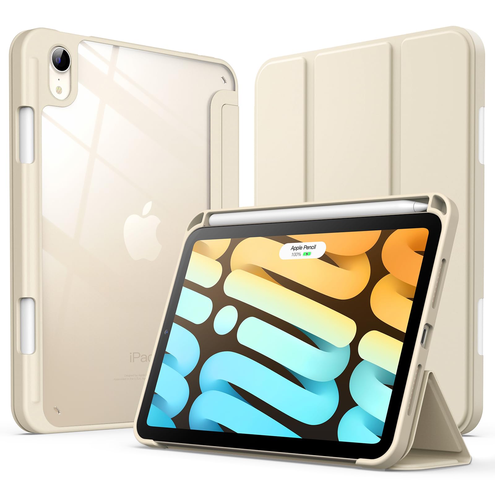 JETech Case for iPad mini (A17 Pro, 2024 Model, 7th Generation) / mini 6 (2021 Model, 6th Generation) with Pencil Holder, Clear Back Shell Slim Stand Tablet Cover, Auto Wake/Sleep (Starlight)