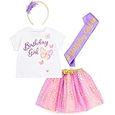 imagikids Birthday Girl Outfit - T-Shirt, Tulle Tutu Skirt, Headband & Satin Sash Set Toddler to Big Kid Sizes (2T - 10-12)