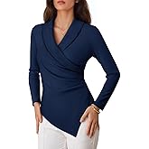 COCCKO Womens Long Sleeve Tops Dressy Casual Work Blouses Asymmetrical Slim Fit V Neck Wrap Shirts 2025