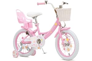 BIXIKE Girls Bike with Basket for Toddlers and Kids Aged 3-14 Years Old, 14 16 18 Inch with Training Wheels & Doll Seat, 20 Inch with Kickstand & Rear Rack, Princess Style Bicycle for Gift