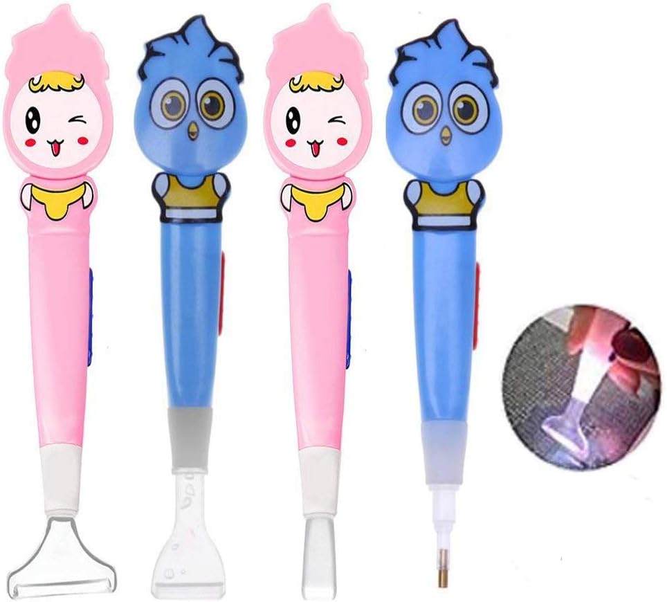 4 PCS DIY Diamond Drill Pen with LED Light 5D Diamond Embroidery Painting Cross Stitch Tool Quick Point Sticky Pen, Stick 1, 3, 6, 9 Diamonds for Night Operation - Battery Can Not be Replaced