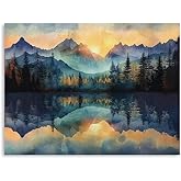 Abstract Mountain Canvas Wall Art: Watercolor Blue Mountain and Golden Sunset Nature Wall Art Landscape Picture Poster Print Wall Decor for Office Bedroom Small Framed 16x12 Inches