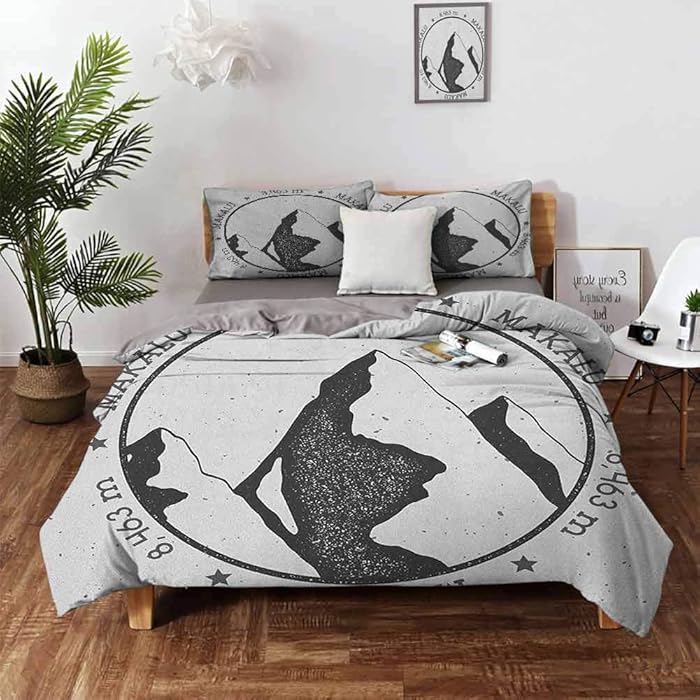 Mannwarehouse Nepal Cover Set, Makalu Mountain in Himalayas Outdoor Adventure Climbing Themed Illustration 3 Piece (1 Duvet Cover + 2 Pillow Shams) Soft and Comfy - King 104"x90" Grey Charcoal Grey