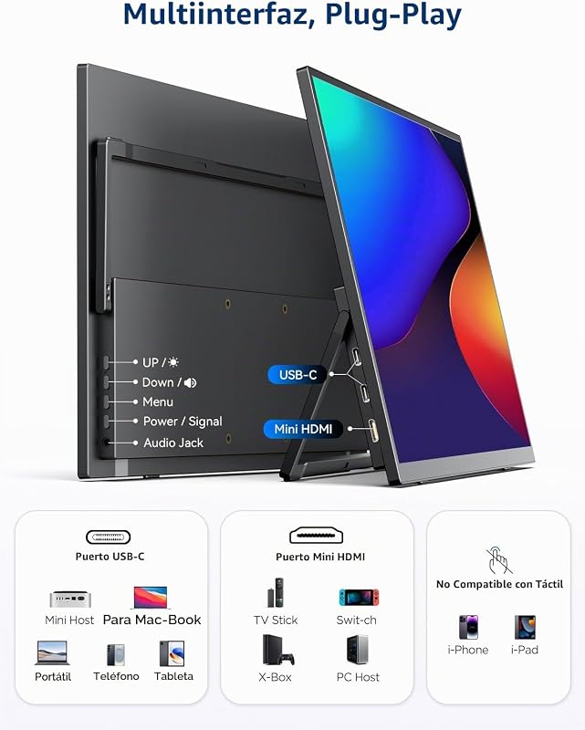 Monitor portátil 4K Touch, Ecrã IPS de 15,6" com USB-C e Agulha