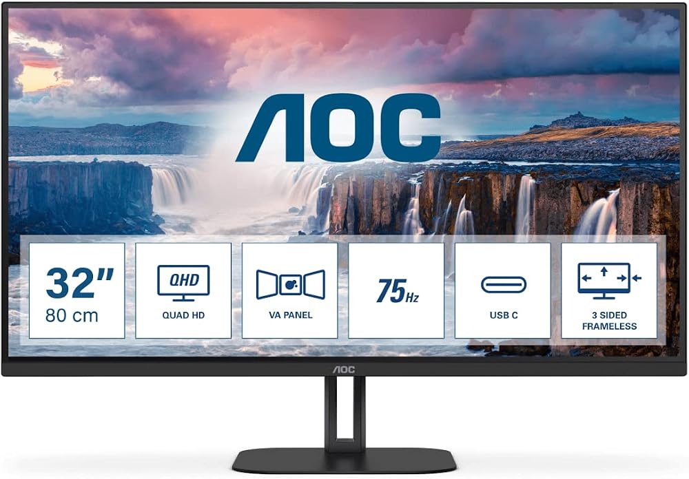 AOC Q32V5CE 31.5 Inch QHD 75Hz VA 1ms FreeSync Monitor USB-C PD65W Speakers