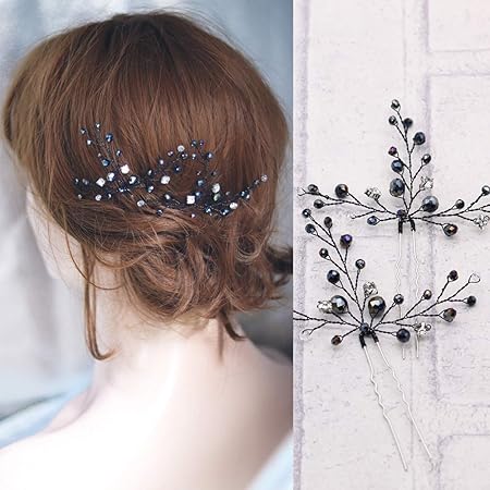 Amazon Kricesbeauty 2 個 セット キラキラ 可愛い 黒い クリスタル ラインストーン ヘアピン 花嫁 髪飾り 結婚式 レディース 髪の櫛 披露宴 学園祭 Kricesbeauty ボディ用メイクアップ 通販