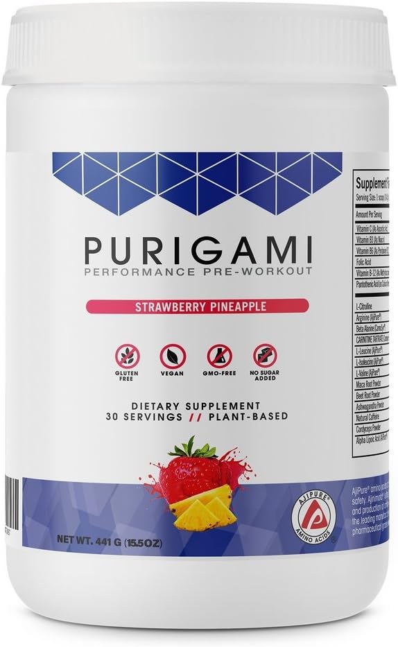 Purigami Pre-Workout for Men – Next Gen Natural Clean Pre-Workout Powder, Tri-Source Sustained Energy, Vegan, Non-GMO, Natural Flavor & Sweetener – 315 grams powder