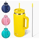 FAHRMOSIS 64 Oz Tumbler with Handle and Straw Half Gallon Water Bottle Stainless Steel Travel Mug for Hot & Cold Drinks, Reusable Water Bottle with Lids and Straw - Yellow
