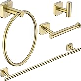 TRUSTMI Brushed Gold Bathroom Hardware Set 4 Piece Stainless Steel Bath Cloth Towel Bar, Towel Ring, Roll Paper Holder and Robe Coat Hook, Wall Mounted