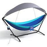 Lazy Daze Portable Hammock with Stand, Canopy and Carry Bag for Outside | Ripstop Parachute Fabric Hammock, Heavy-Duty Stand with 5 Height Adjustments, Cup Holder &amp; Wind Ropes for Outdoor, Blue