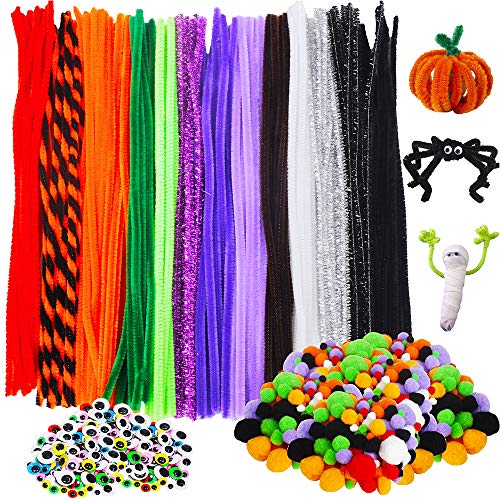 440 Pieces Halloween Pom Pom and Pipe Cleaner Kit Including 140 Pieces Chenille Stem, 130 Pieces Pom Poms and 170 Pieces Wiggle Googly Eyes for Craft DIY Art Supplies