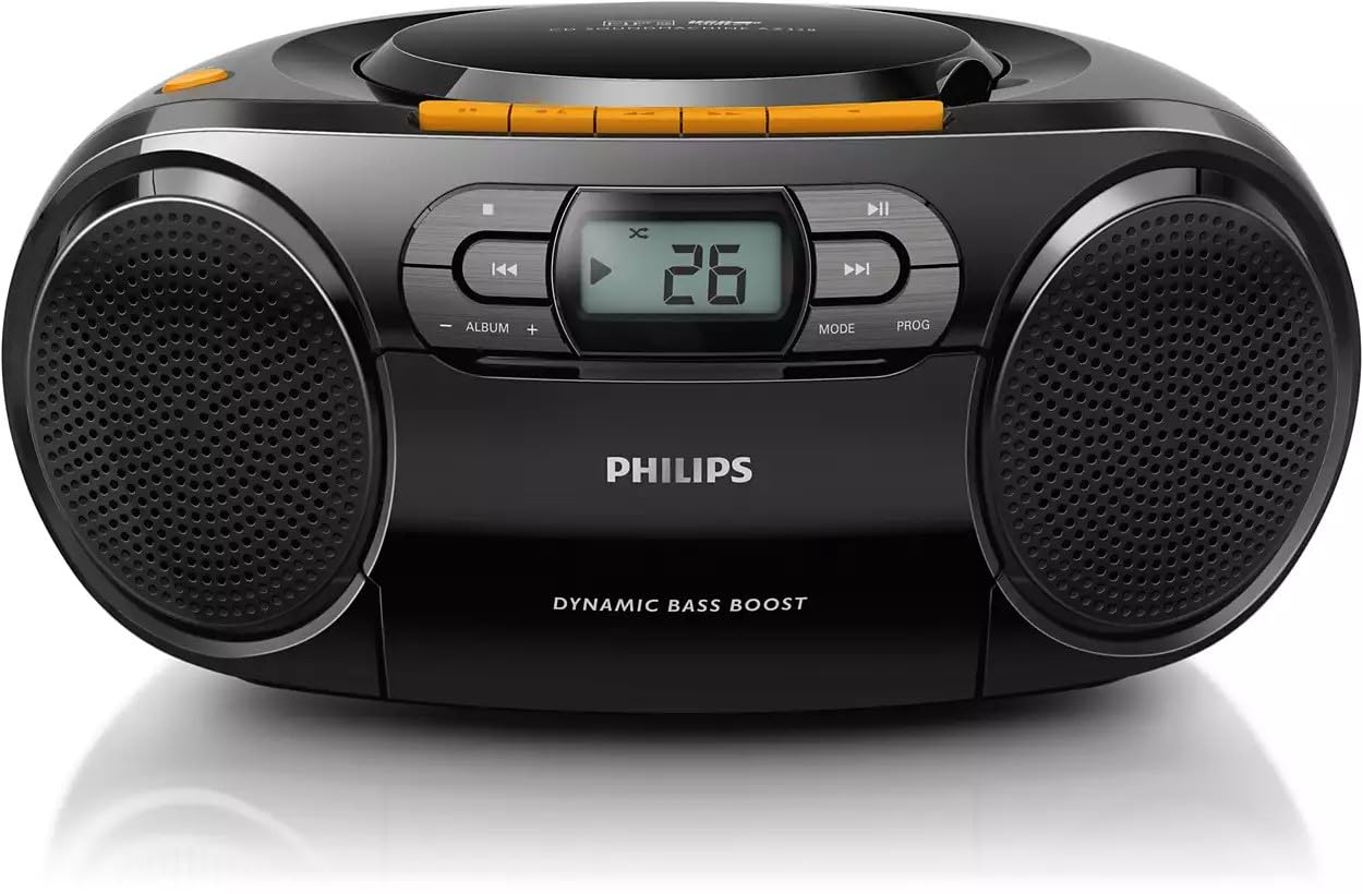 PHILIPS Portable CD Player Boombox - Portable MP3 Player and Cassette Tape Player, Boom Box Compact Stereo Sound System with Dynamic Bass Boost, Take Your Music Outside with USB HiFi Music Player