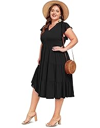 Moon Wood Womens Plus Size V Neck Ruffle Midi Dress