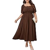 SCOMCHIC Women's Plus Size Cocktail Dress Milkmaid Bow Front Short Sleeve Square Neck Smocked Wedding Guest Maxi Dress