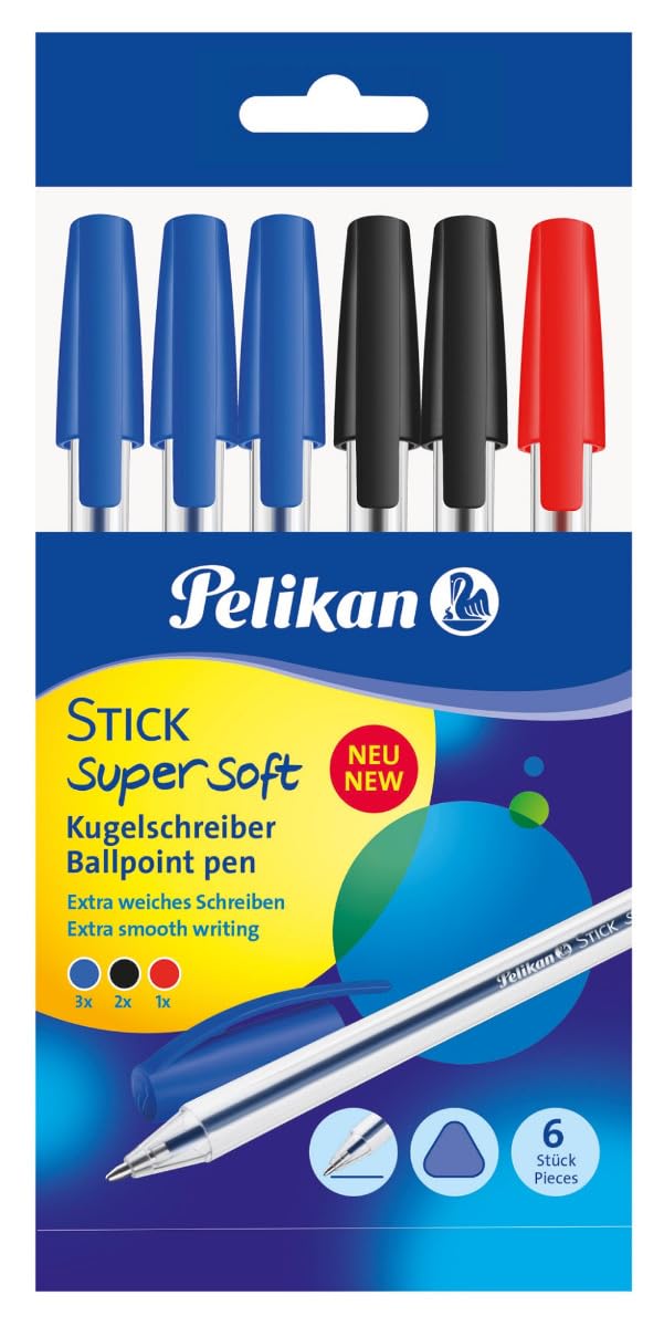 Pelikan - Stick Super Soft - Ballpoint Pen - 6 Pieces - Mixed Colors - For School and Office - Sliding Ink - Made in Germany