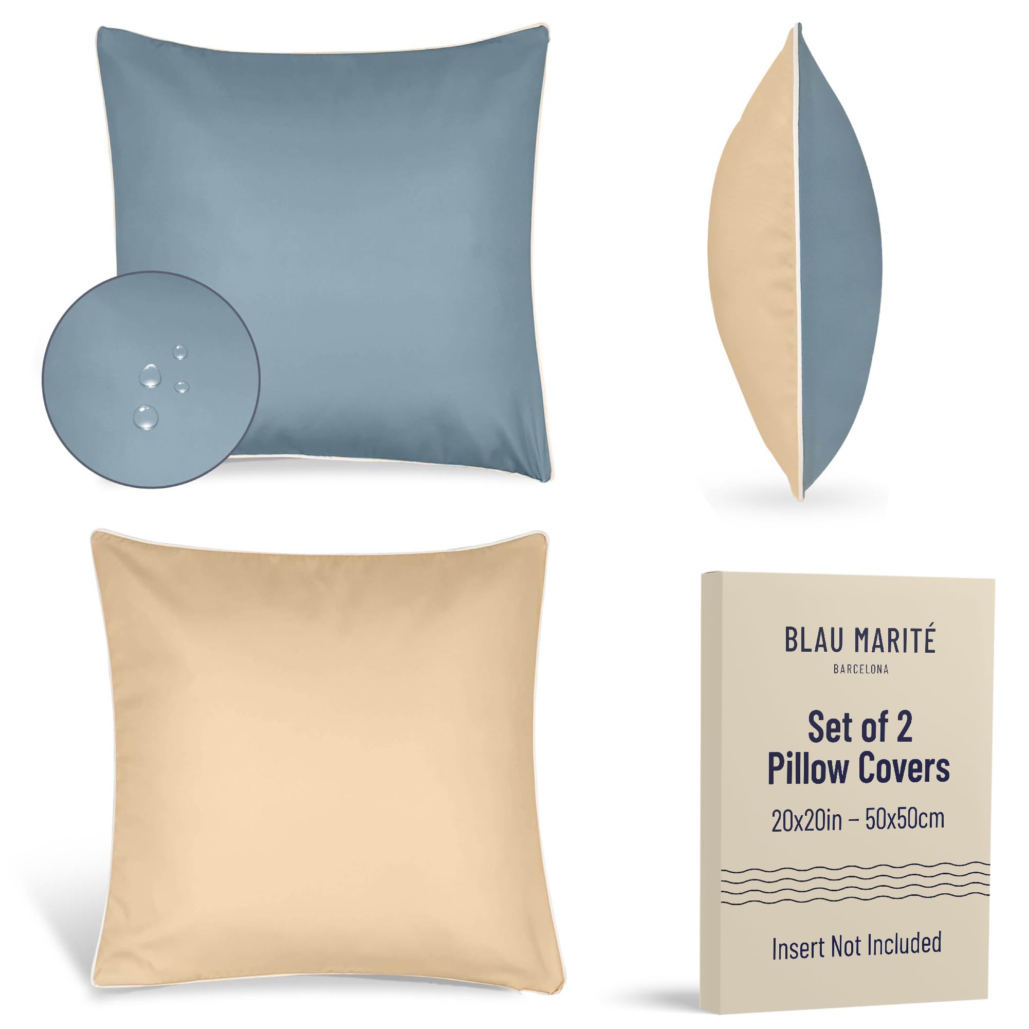 Blau Marité Set 2 Decorative Cushion Covers. Waterproof and anti-stain. Soft and cozy. For indoor and outdoor decoration. Model MEDITERRANEO. (Blue, 20x20 (50x50cm))