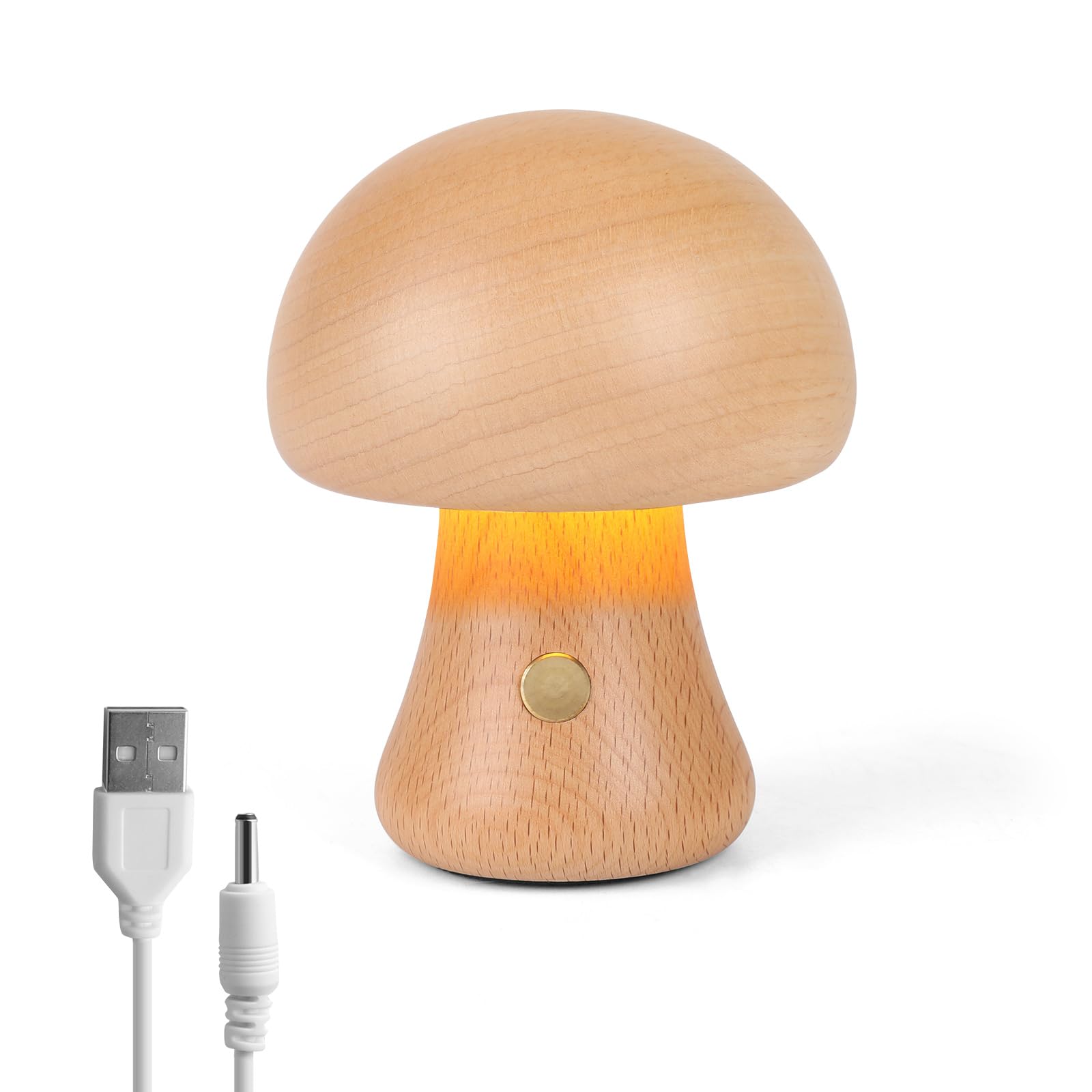 Mushroom Lamp Wooden, Portable Dimmable Bedside Lamp with USB Charging, Wireless Night Light, Mushroom Table Lamp for Home Decor Bedroom, Rechargeable LED Bedside Desk Light 105X90CM (Beech)