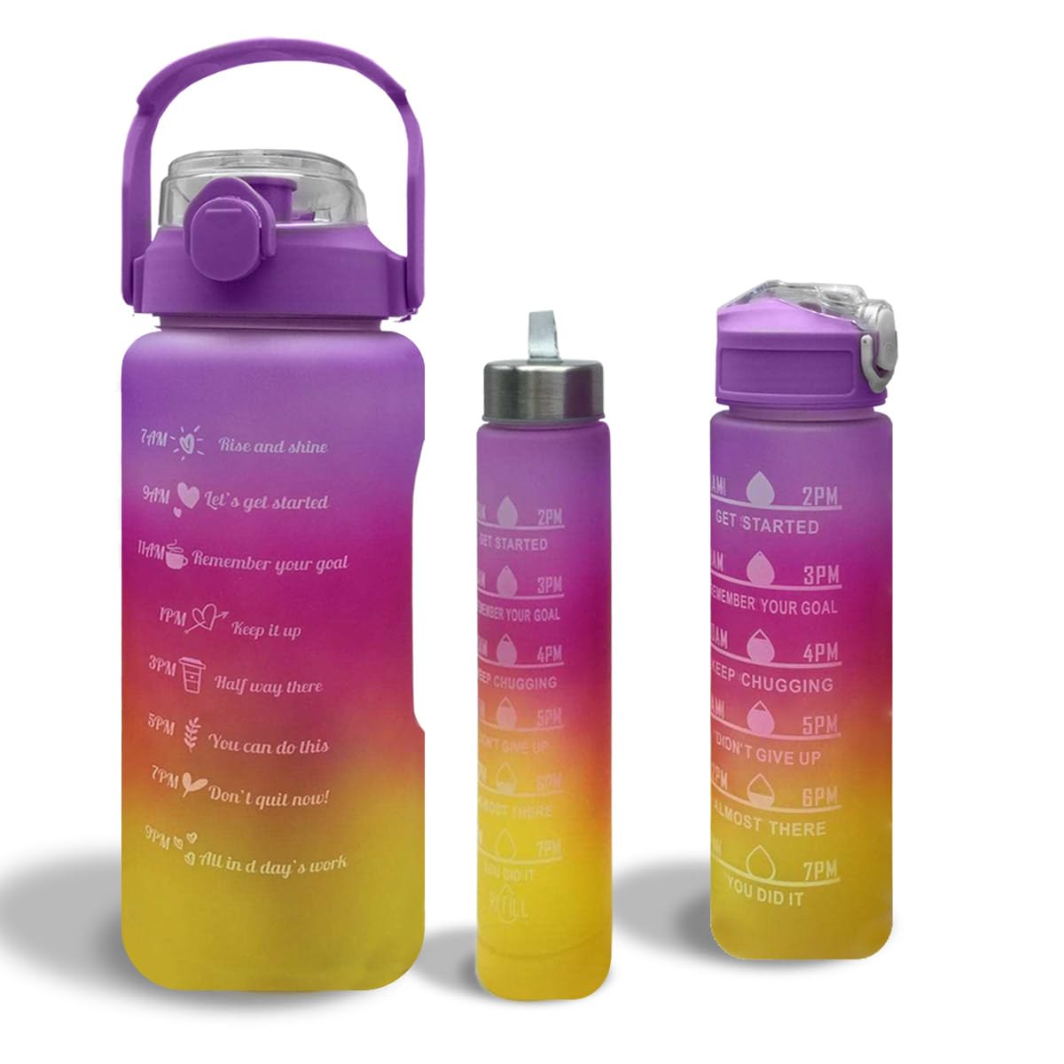 LITTLELAGOON Water Bottle 3 Pc Set with Straw 2L 300ml 900ml | Leak Proof BPA Free Motivational Drinking Bottles with Time Marker | Perfect for Sports School Office Gym Yoga Cycling for Kids Adults