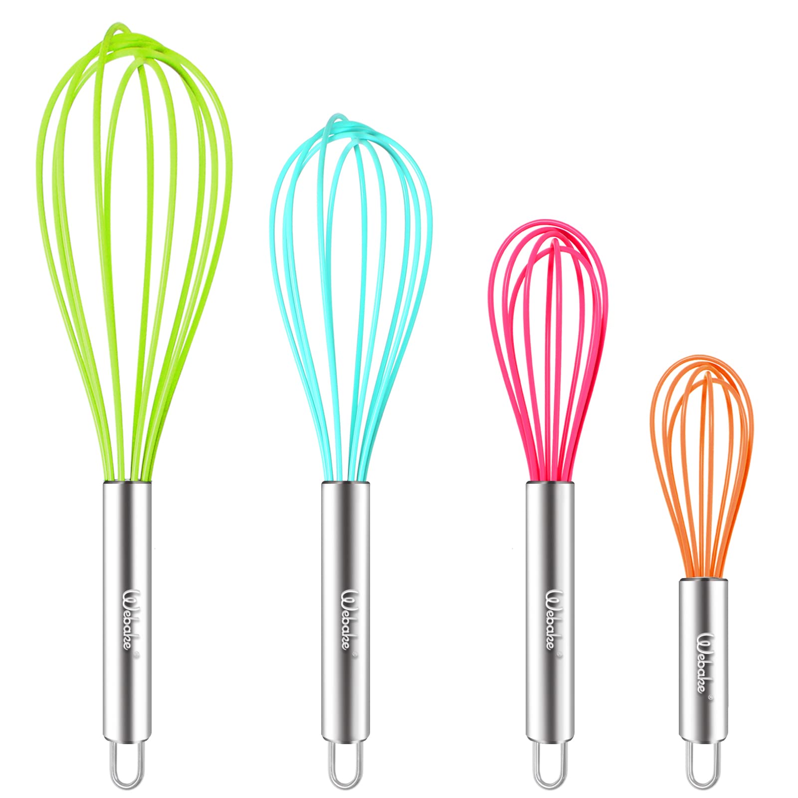 Webake Silicone Mini Balloon Whisk Set - 4 Pcs, 6'' to 12'' Heat Resistant, Egg Beater for Blending, Whisking, Beating, Stirring