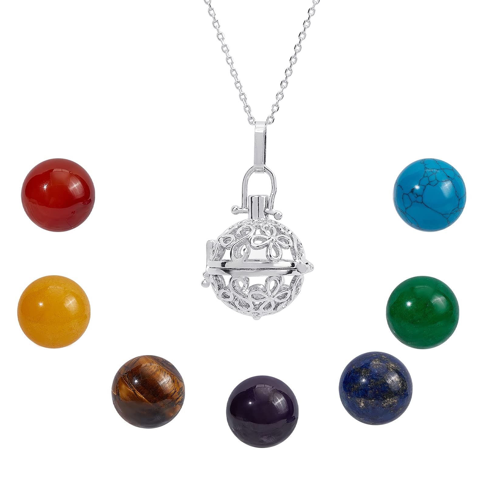 SUNNYCLUE Chakra Necklace 7pcs Chakra Stone Healing Crystal Gemstone Round Beads 16mm with Hollow Spiral Bead Cage Pendant & 24inch Cable Chain Necklace Reiki Energy Set