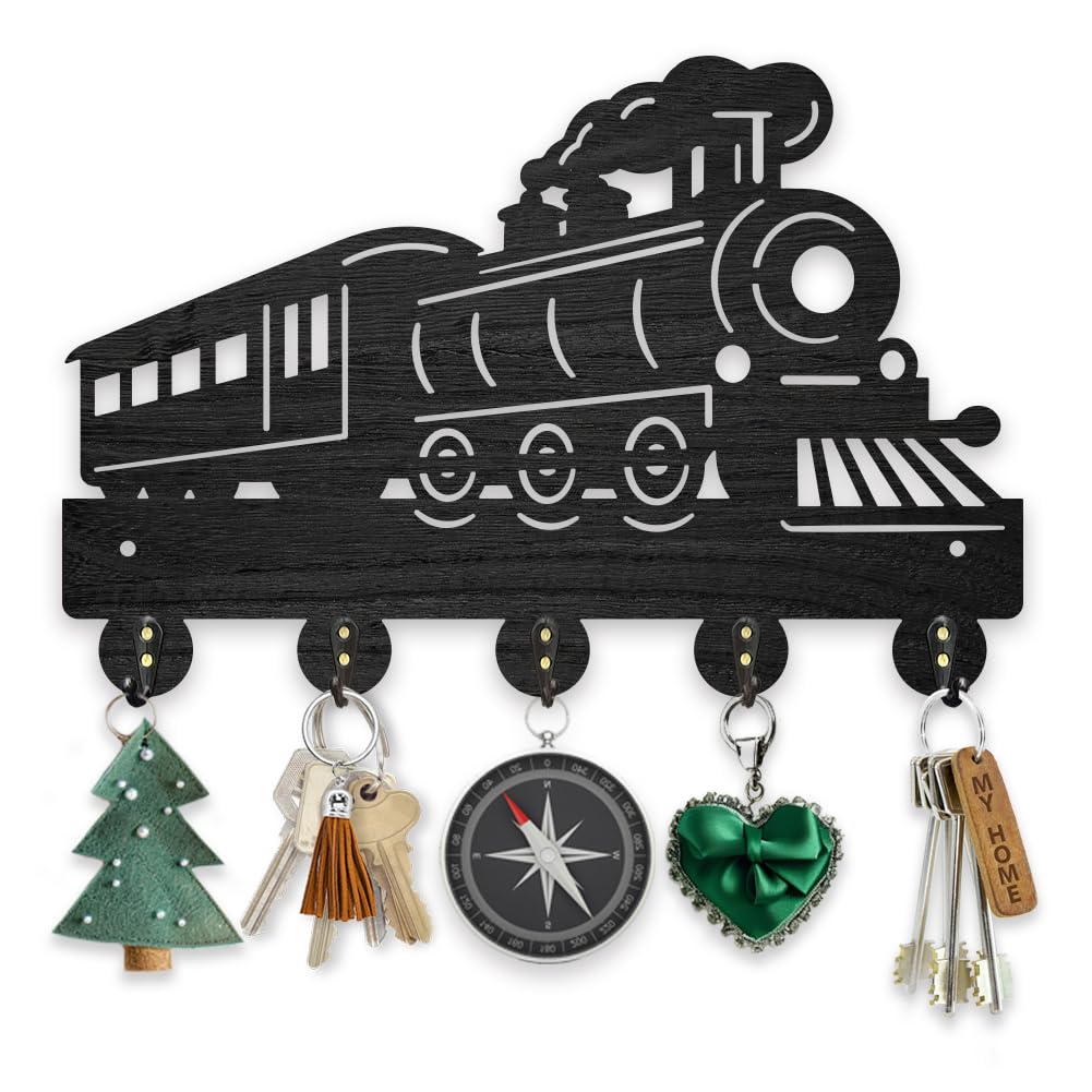 MAYJOYDIY Train Wall Mount Coat Rack Wood Steam Key Hanger 30×20cm Retro Tracks Key Holder 5 Alloy Hooks Black Wall Art Decor for Living Room Office Entryway Gift